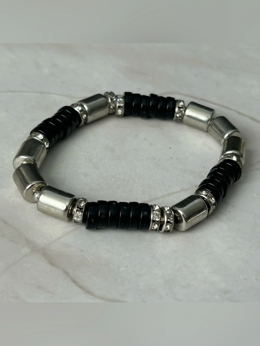 Black and Silver Beaded Stretch Bracelet